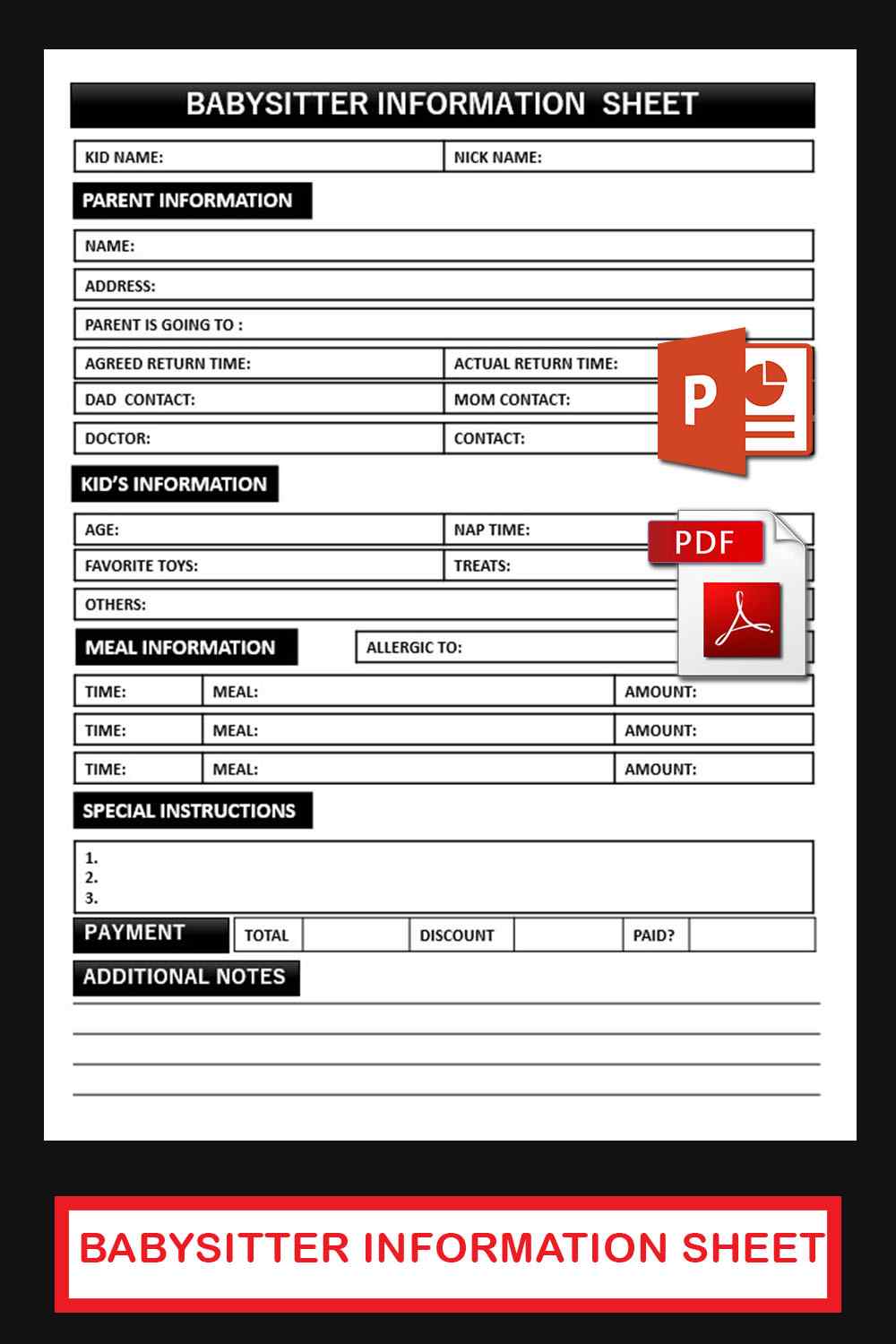 Babysitter Child Information Sheet 